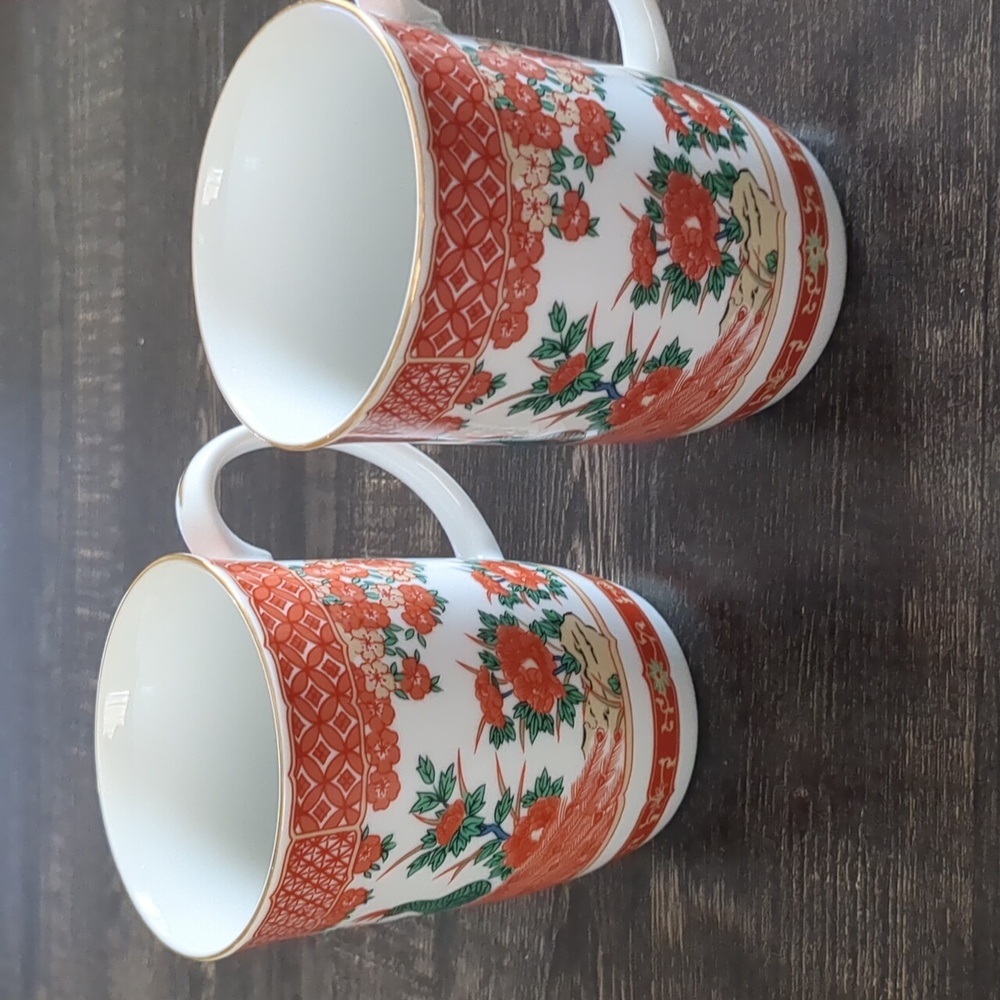 Vintage Gump's Japan Porcelain Peacock Mugs Cups Set Of 2